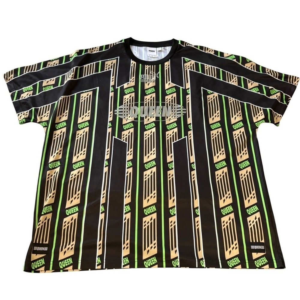 PUMA x Queen Graphic Soccer Jersey Men XL Black Neon Green All-Over Print Tee